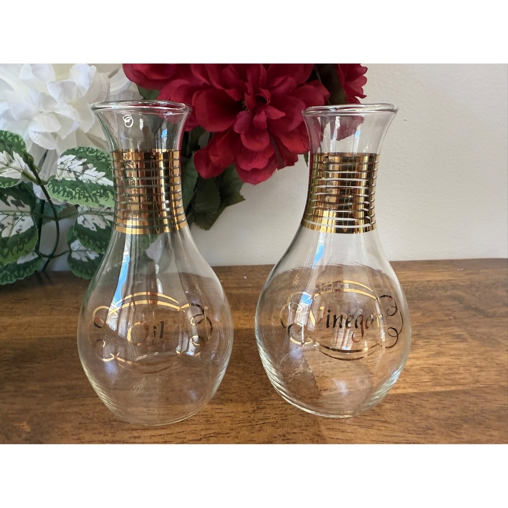 Vintage Mid Century Modern Oil and Vinegar Glass Cruet‎ Set with Gold Trim